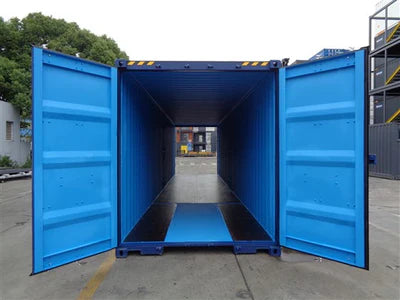 Nieuwe 40ft High Cube container met deuren aan beide uiteinden, blauw