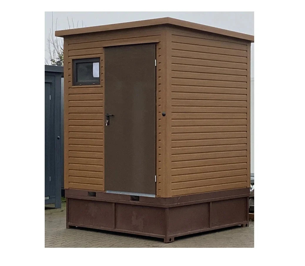 Sanitaire container in houten design met afvalbak