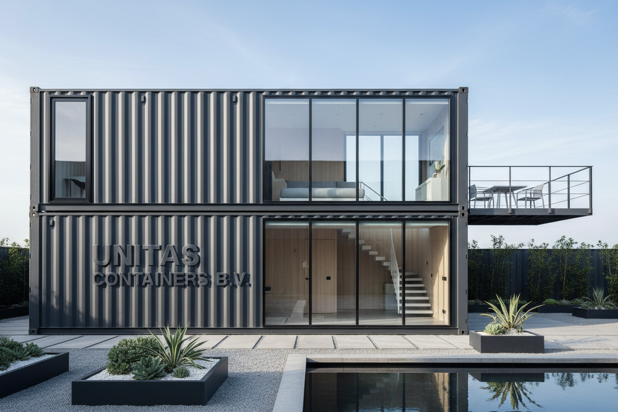 Bewoonbare container moderne avec le nom de la société Unitas Containers B.V. gravé dessus